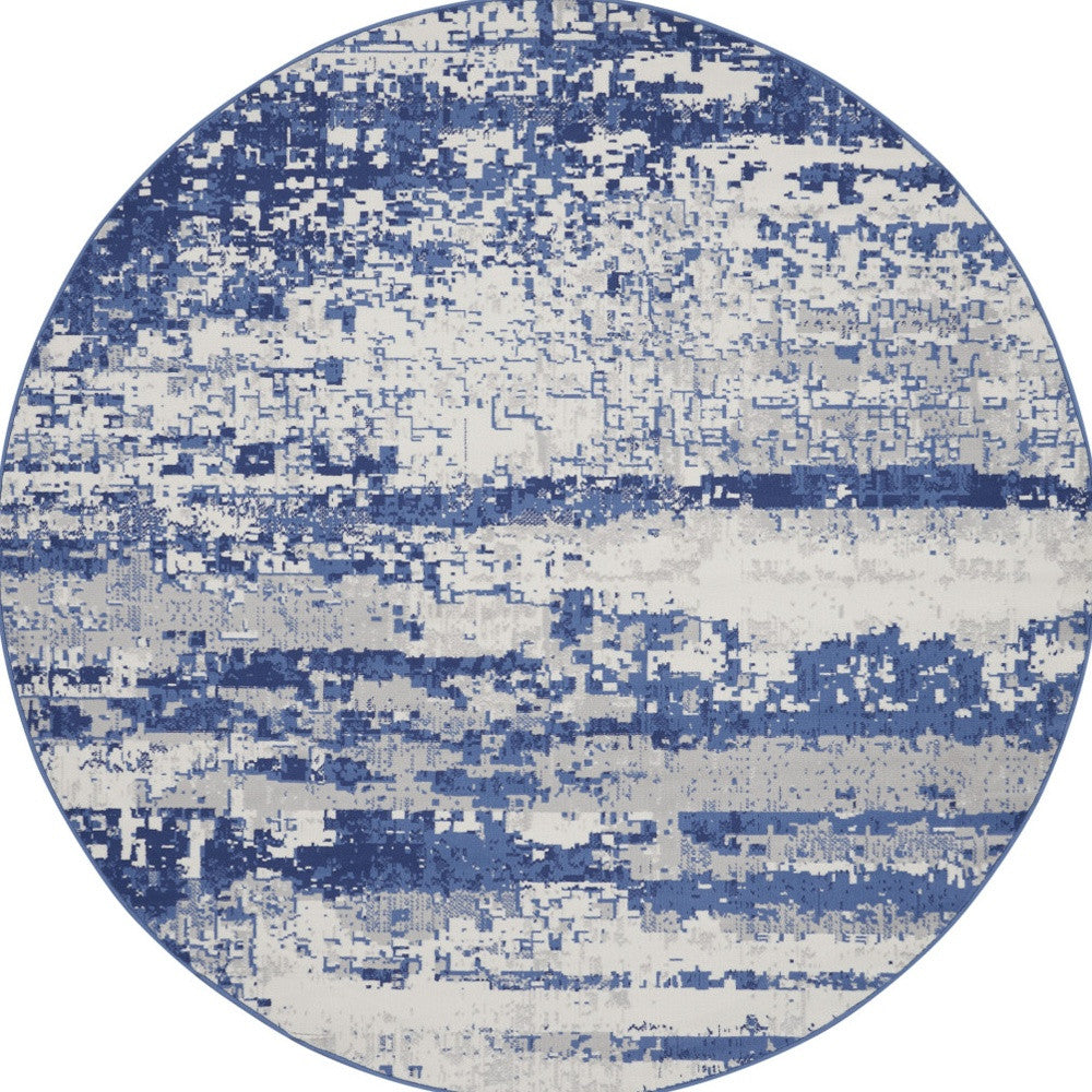 5' Ivory and Navy Blue Abstract Round Rug