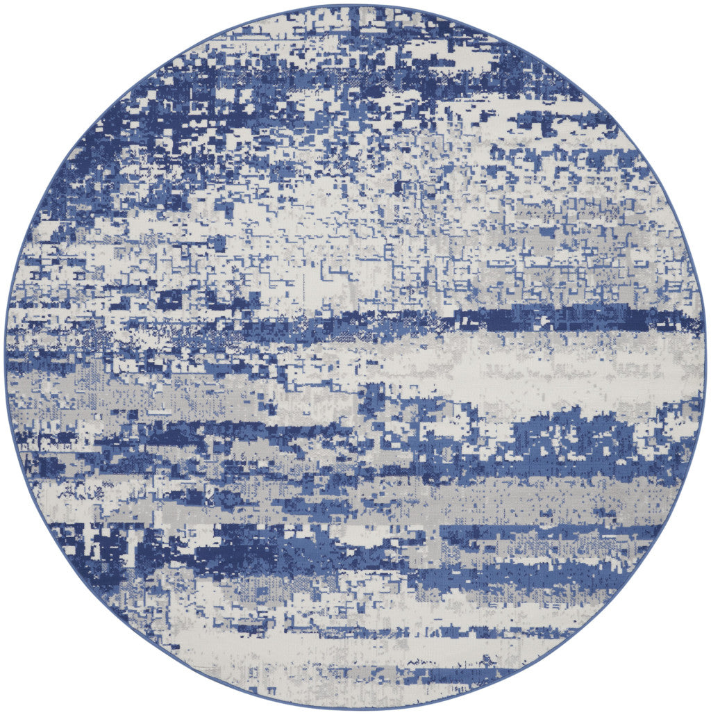5' Ivory and Navy Blue Abstract Round Rug
