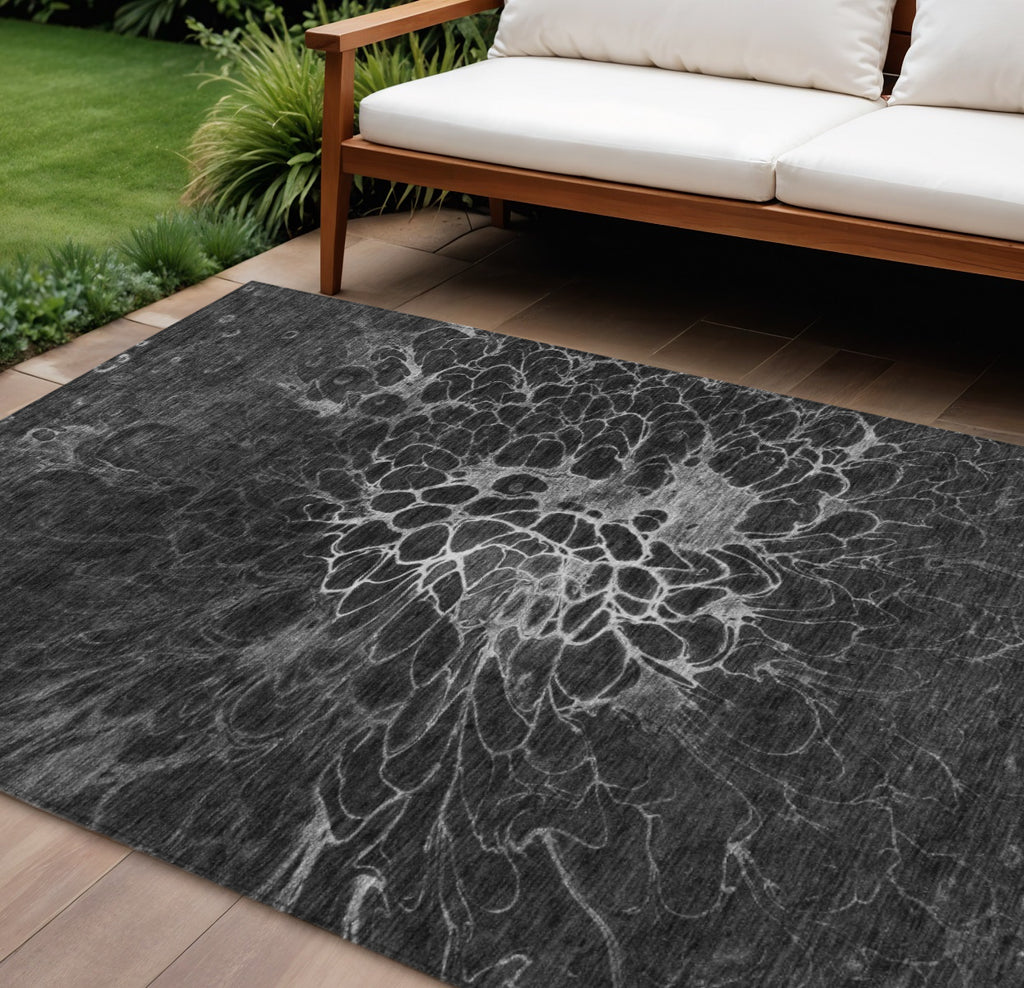 8' X 10' Charcoal Gray And Silver Abstract Washable Indoor Outdoor Area Rug