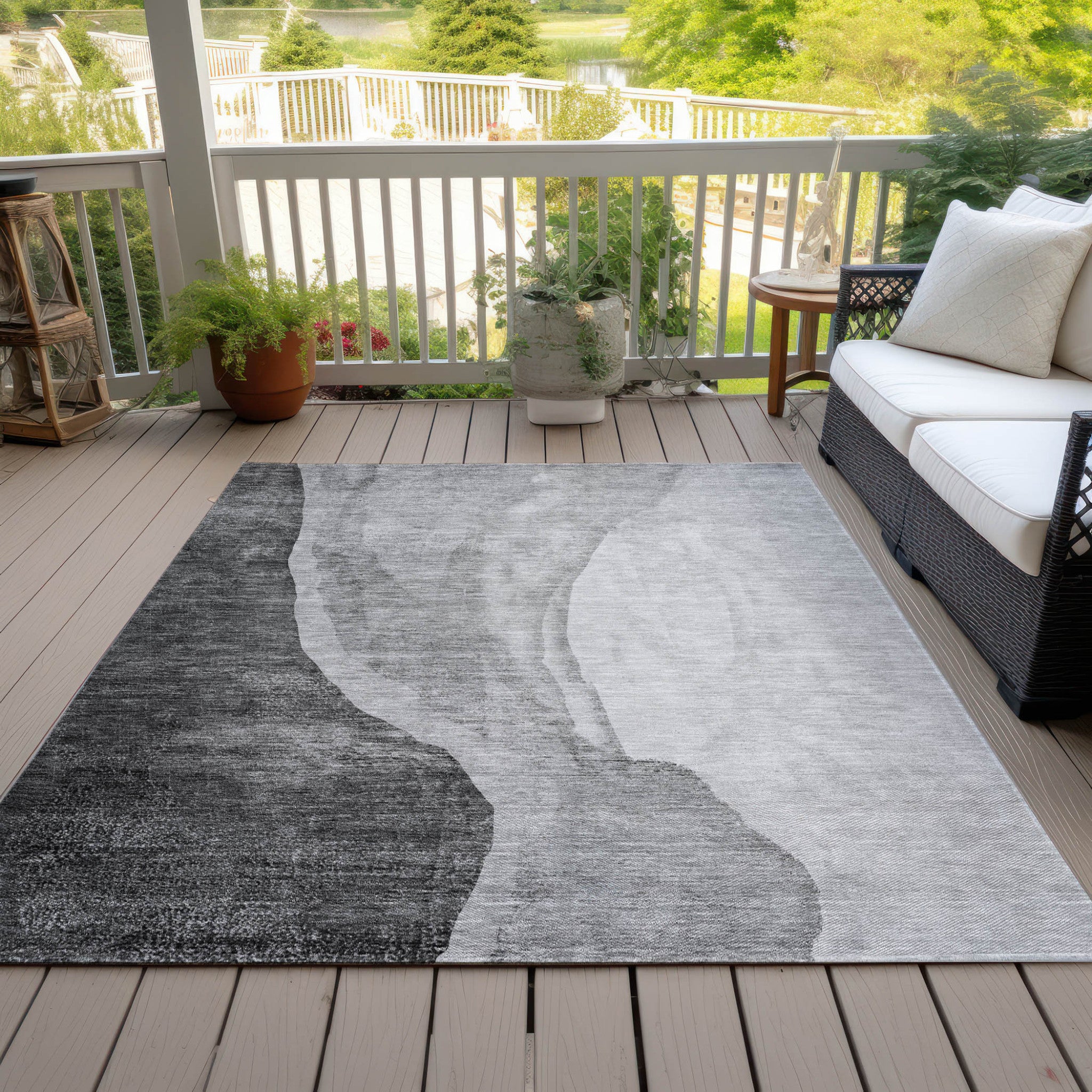 8' X 10' Gray Charcoal And Silver Abstract Washable Indoor Outdoor Area Rug