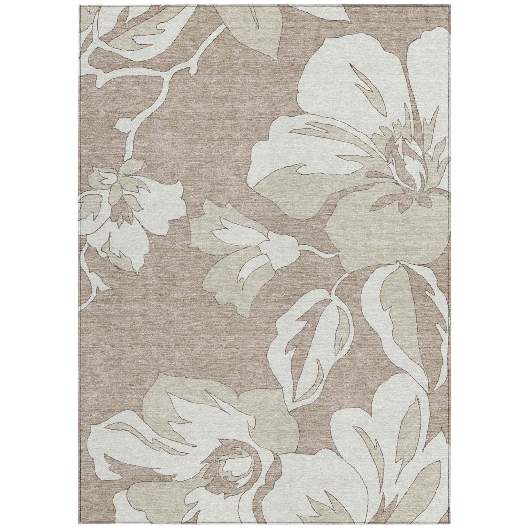 8' X 10' Taupe Beige And Ivory Floral Washable Indoor Outdoor Area Rug