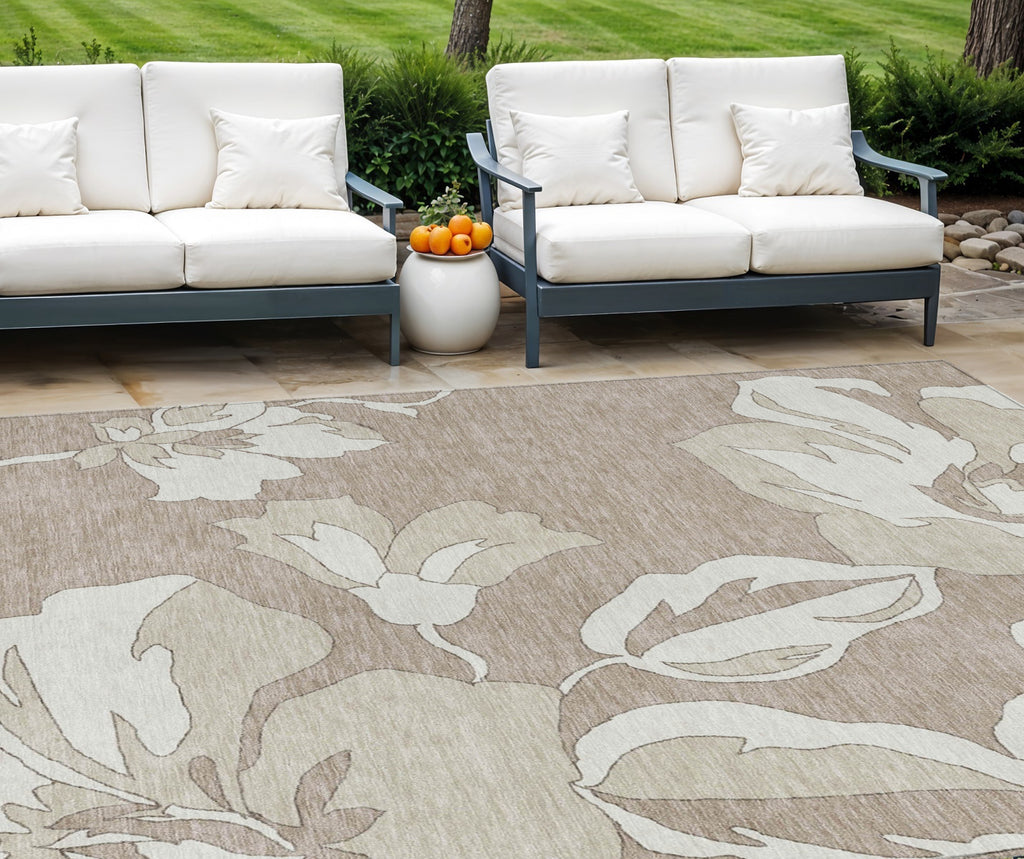 8' X 10' Taupe Beige And Ivory Floral Washable Indoor Outdoor Area Rug