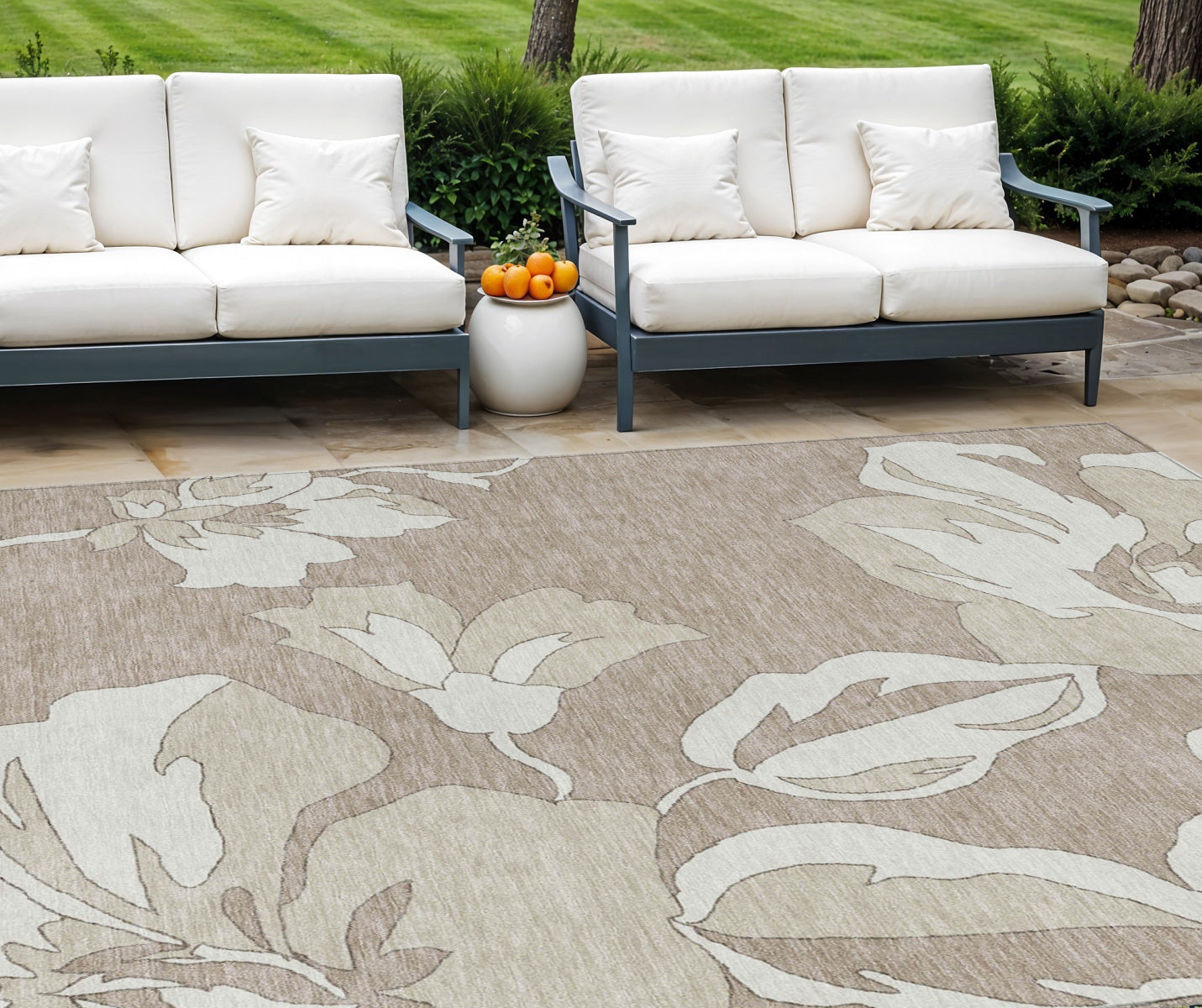 8' X 10' Taupe Beige And Ivory Floral Washable Indoor Outdoor Area Rug