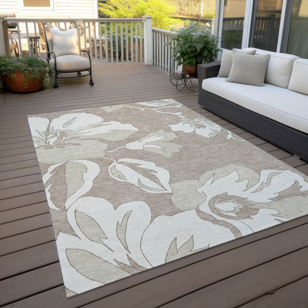 8' X 10' Taupe Beige And Ivory Floral Washable Indoor Outdoor Area Rug