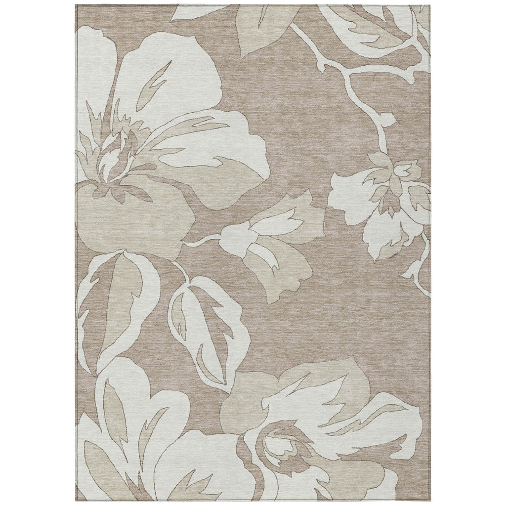 8' X 10' Taupe Beige And Ivory Floral Washable Indoor Outdoor Area Rug