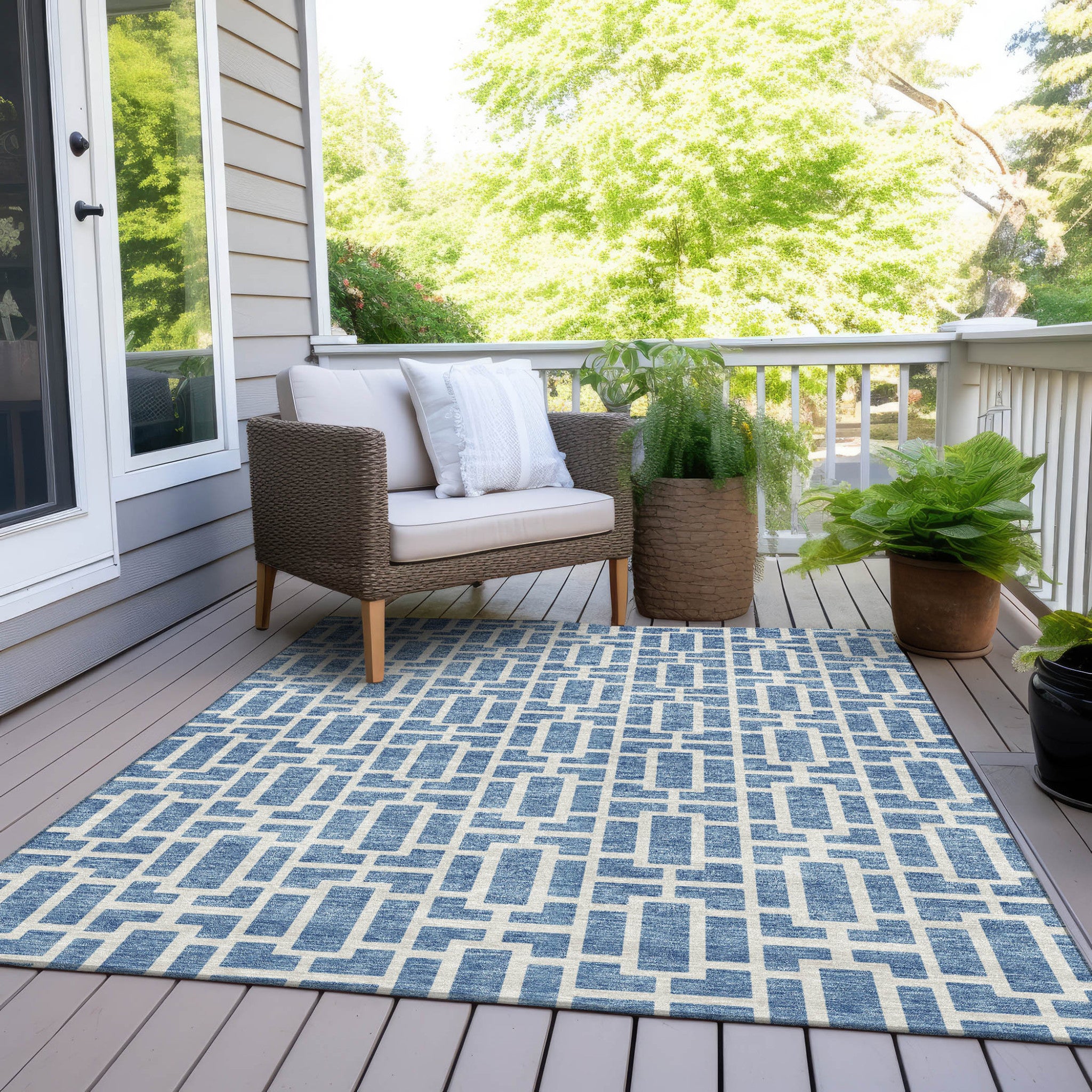 5' X 8' Denim Blue And Ivory Geometric Washable Indoor Outdoor Area Rug