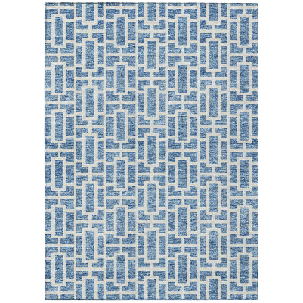 5' X 8' Denim Blue And Ivory Geometric Washable Indoor Outdoor Area Rug