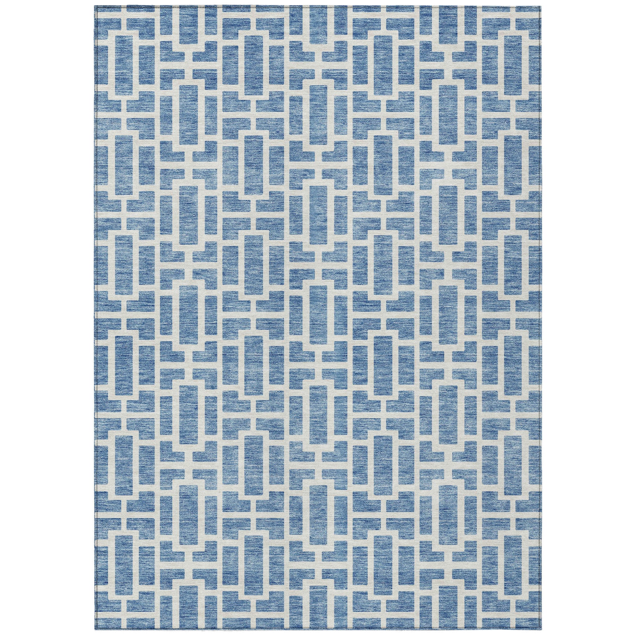 5' X 8' Denim Blue And Ivory Geometric Washable Indoor Outdoor Area Rug