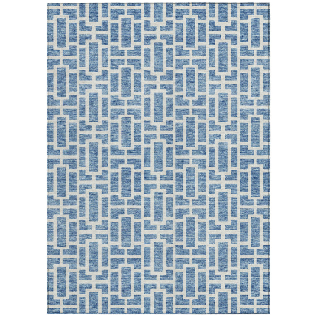 5' X 8' Denim Blue And Ivory Geometric Washable Indoor Outdoor Area Rug
