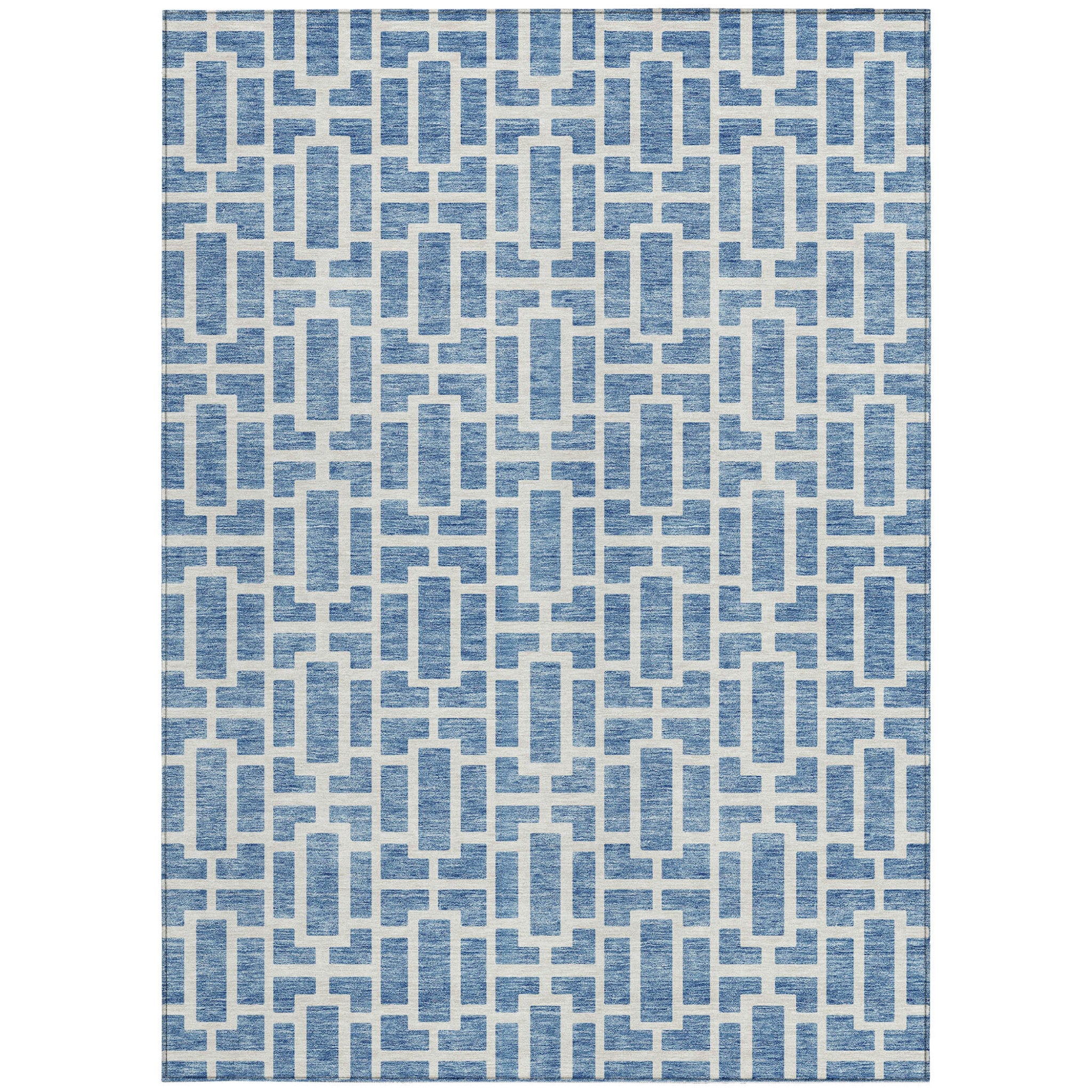 5' X 8' Denim Blue And Ivory Geometric Washable Indoor Outdoor Area Rug