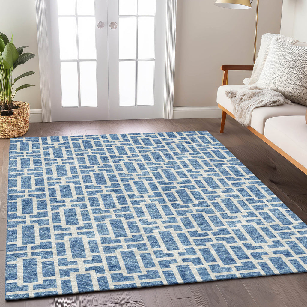 5' X 8' Denim Blue And Ivory Geometric Washable Indoor Outdoor Area Rug