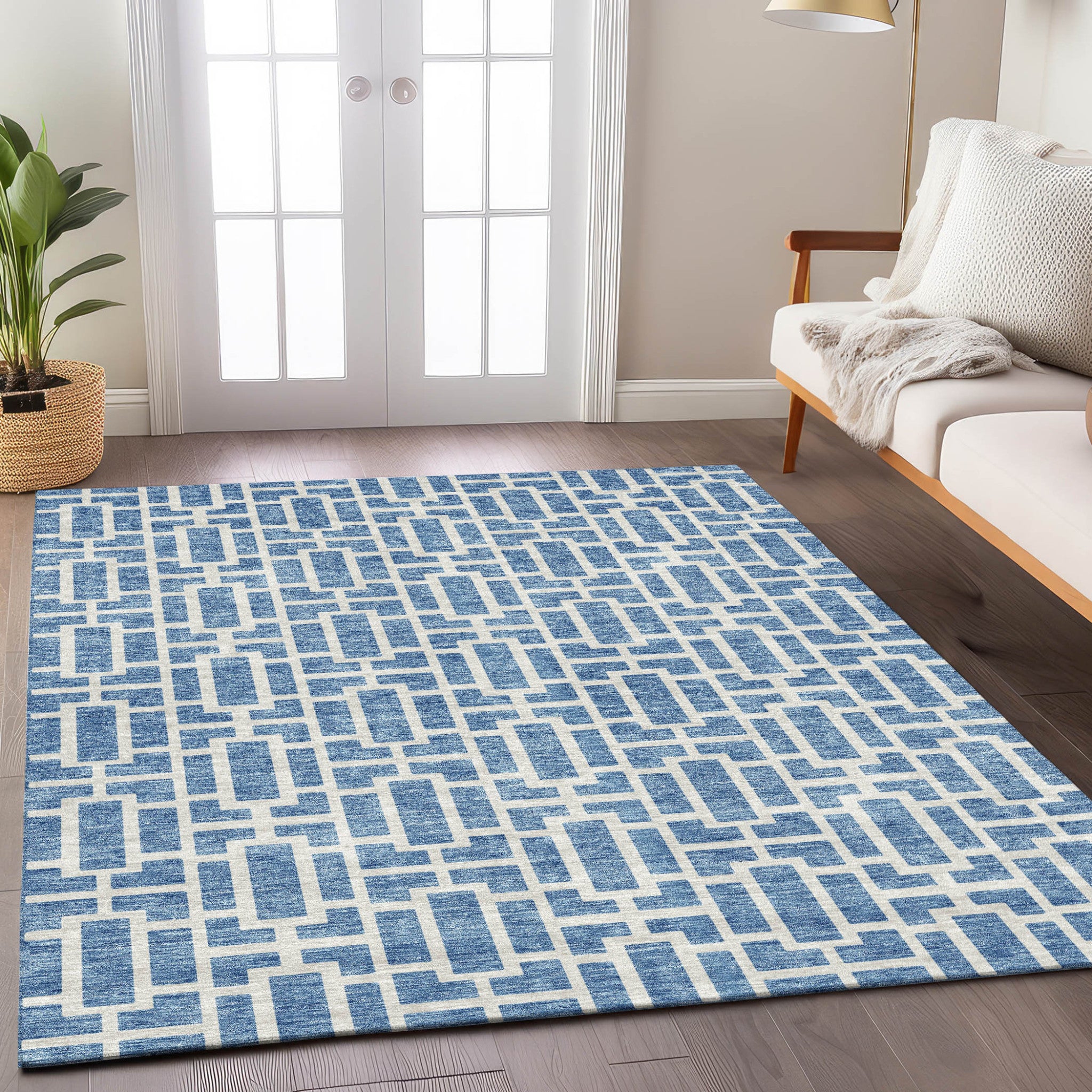 5' X 8' Denim Blue And Ivory Geometric Washable Indoor Outdoor Area Rug