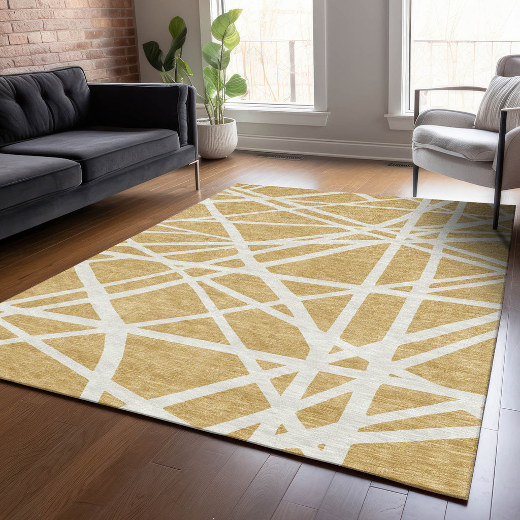 8' X 10' Gold And Ivory Geometric Washable Indoor Outdoor Area Rug