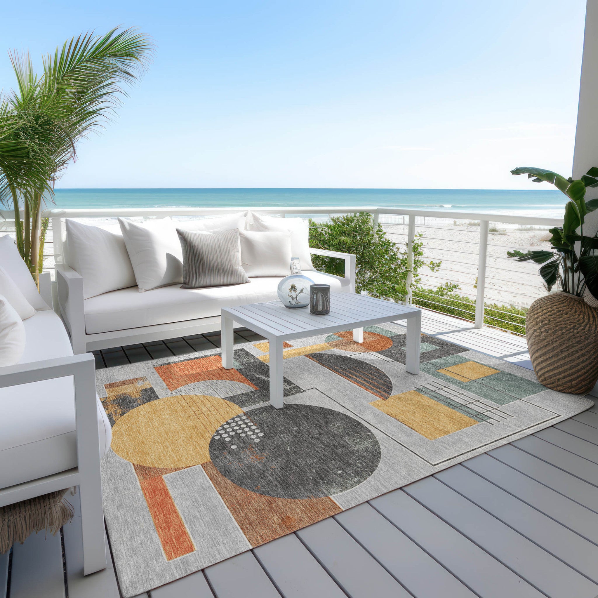 3' X 5' Gray Gold And Orange Geometric Washable Indoor Outdoor Area Rug