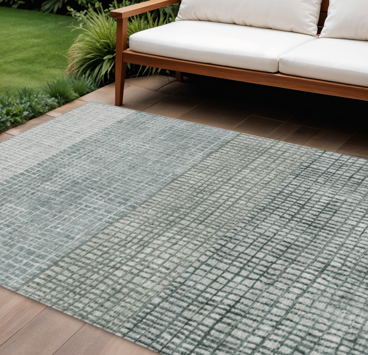 8' X 10' Aqua And Gray Geometric Washable Indoor Outdoor Area Rug