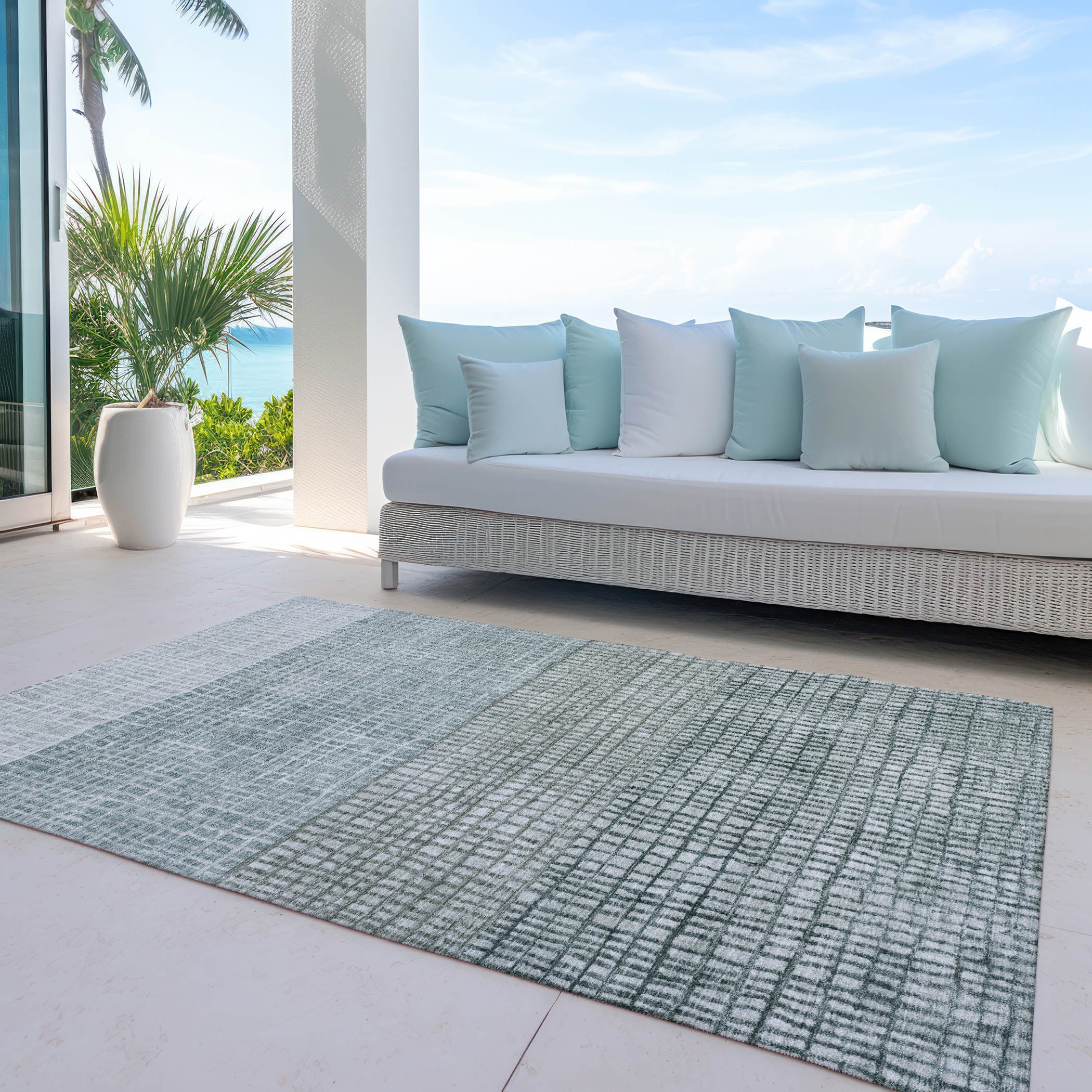 8' X 10' Aqua And Gray Geometric Washable Indoor Outdoor Area Rug