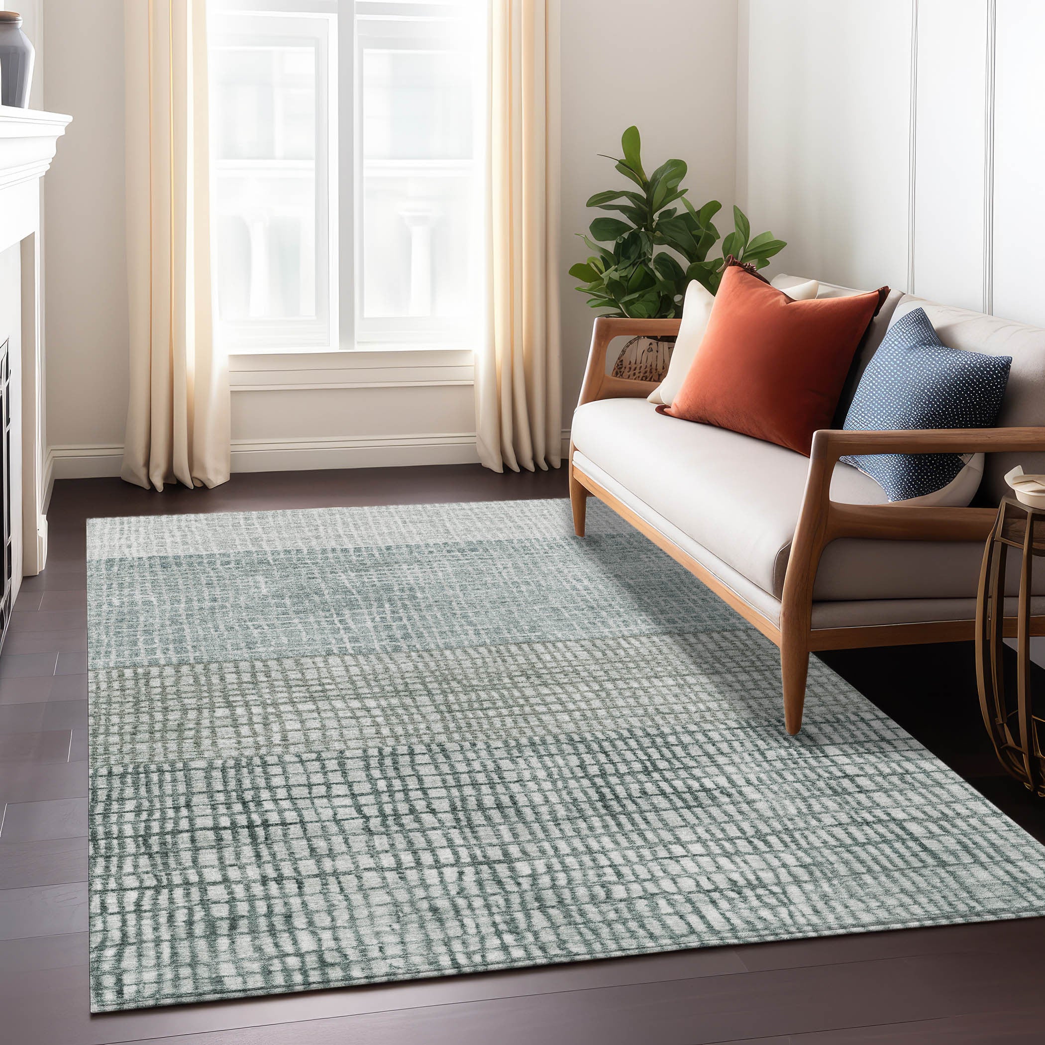 8' X 10' Aqua And Gray Geometric Washable Indoor Outdoor Area Rug