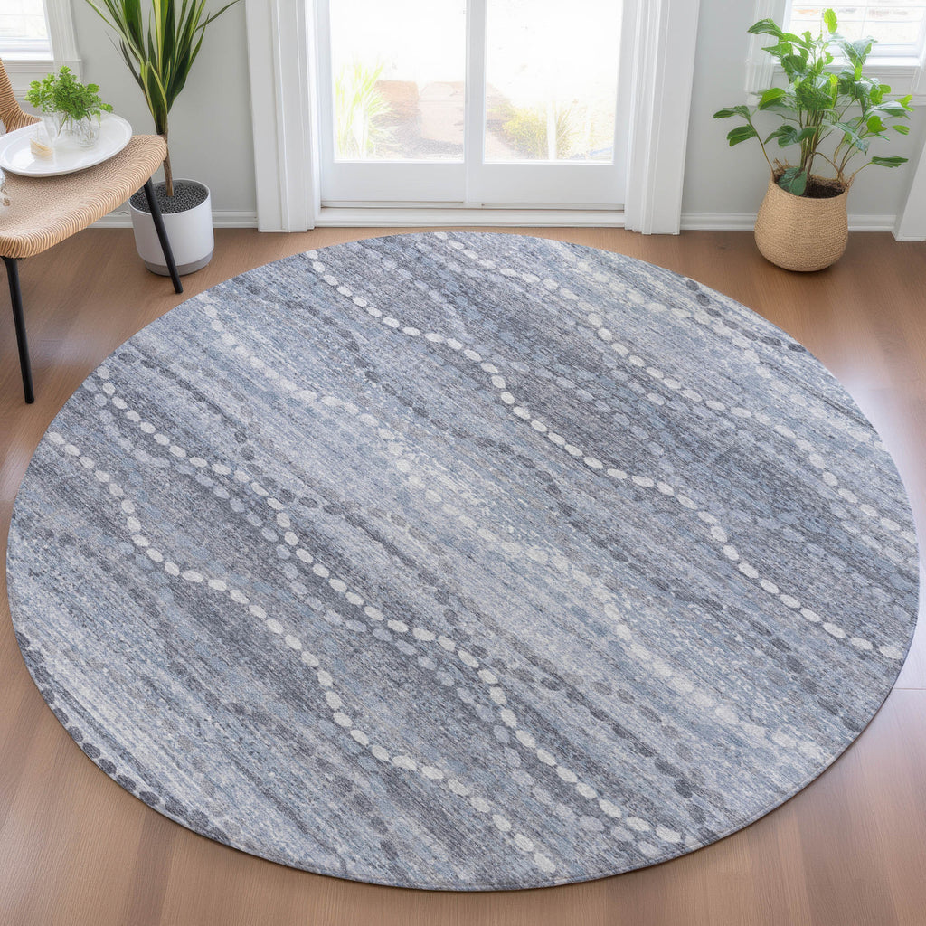 8' Blue And Ivory Round Ogee Washable Indoor Outdoor Area Rug
