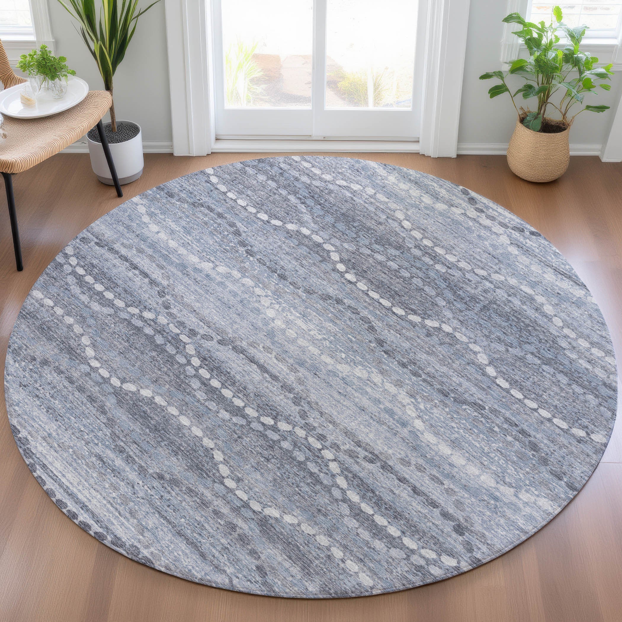 8' Blue And Ivory Round Ogee Washable Indoor Outdoor Area Rug