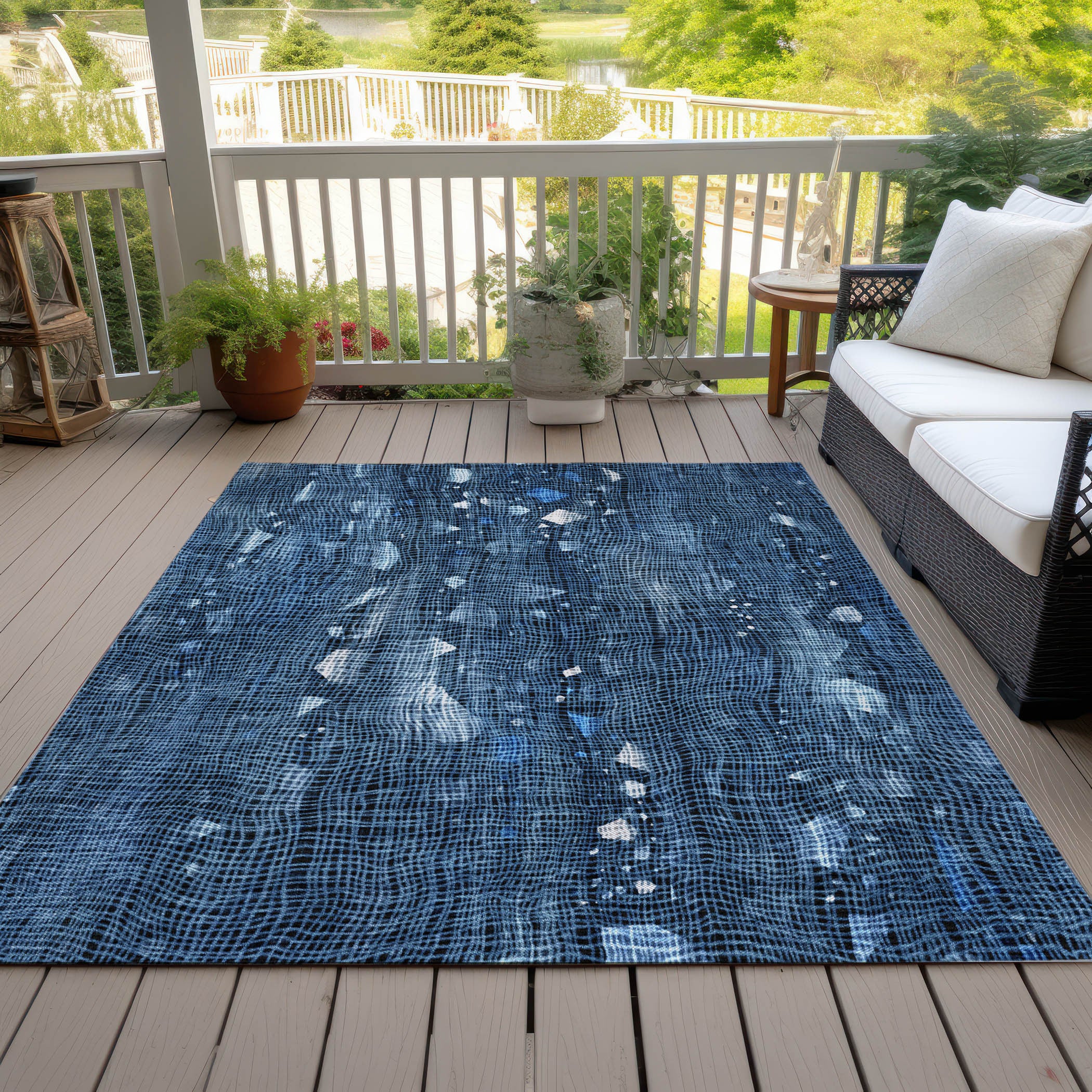8' X 10' Blue And Ivory Abstract Washable Indoor Outdoor Area Rug