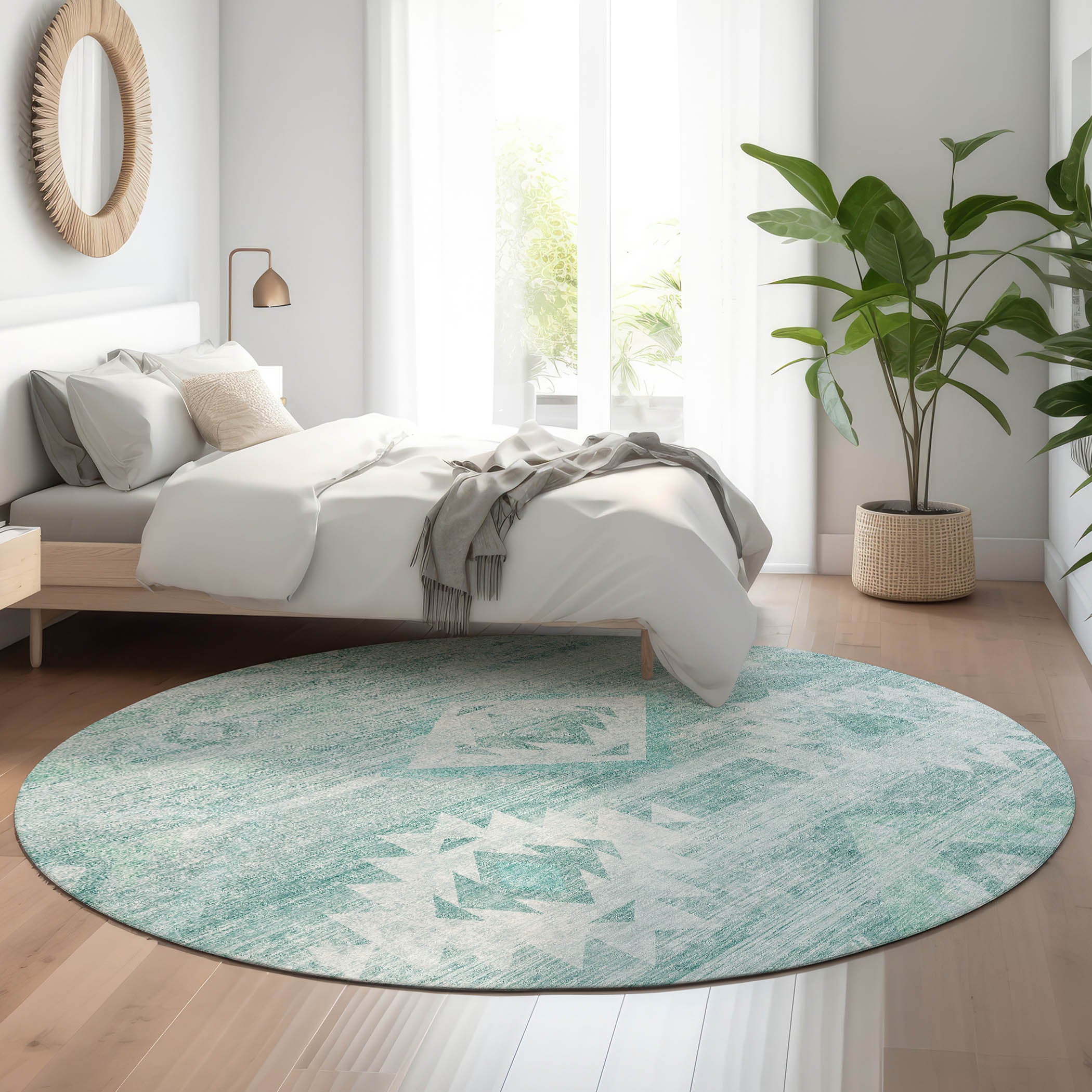 8' Aqua And Ivory Southwestern Washable Round Rug With UV Protection