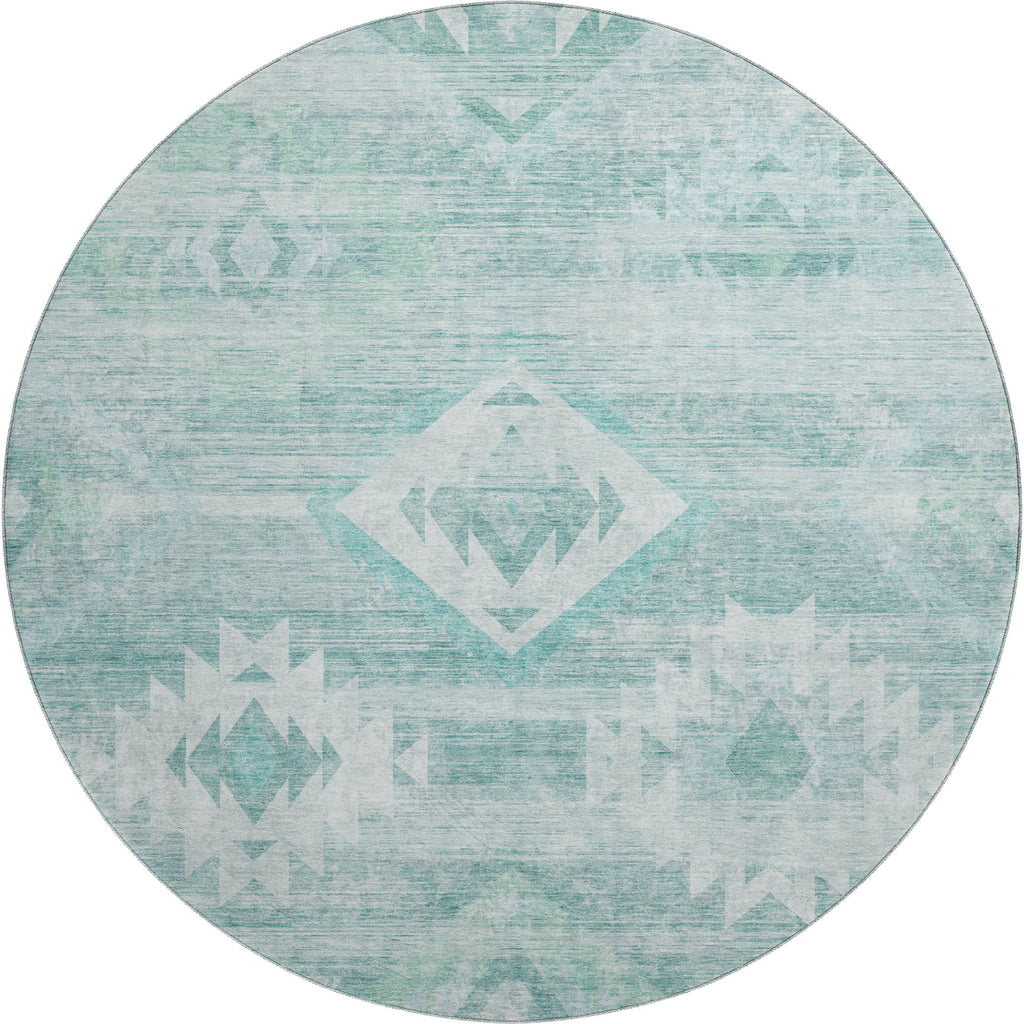8' Aqua And Ivory Southwestern Washable Round Rug With UV Protection