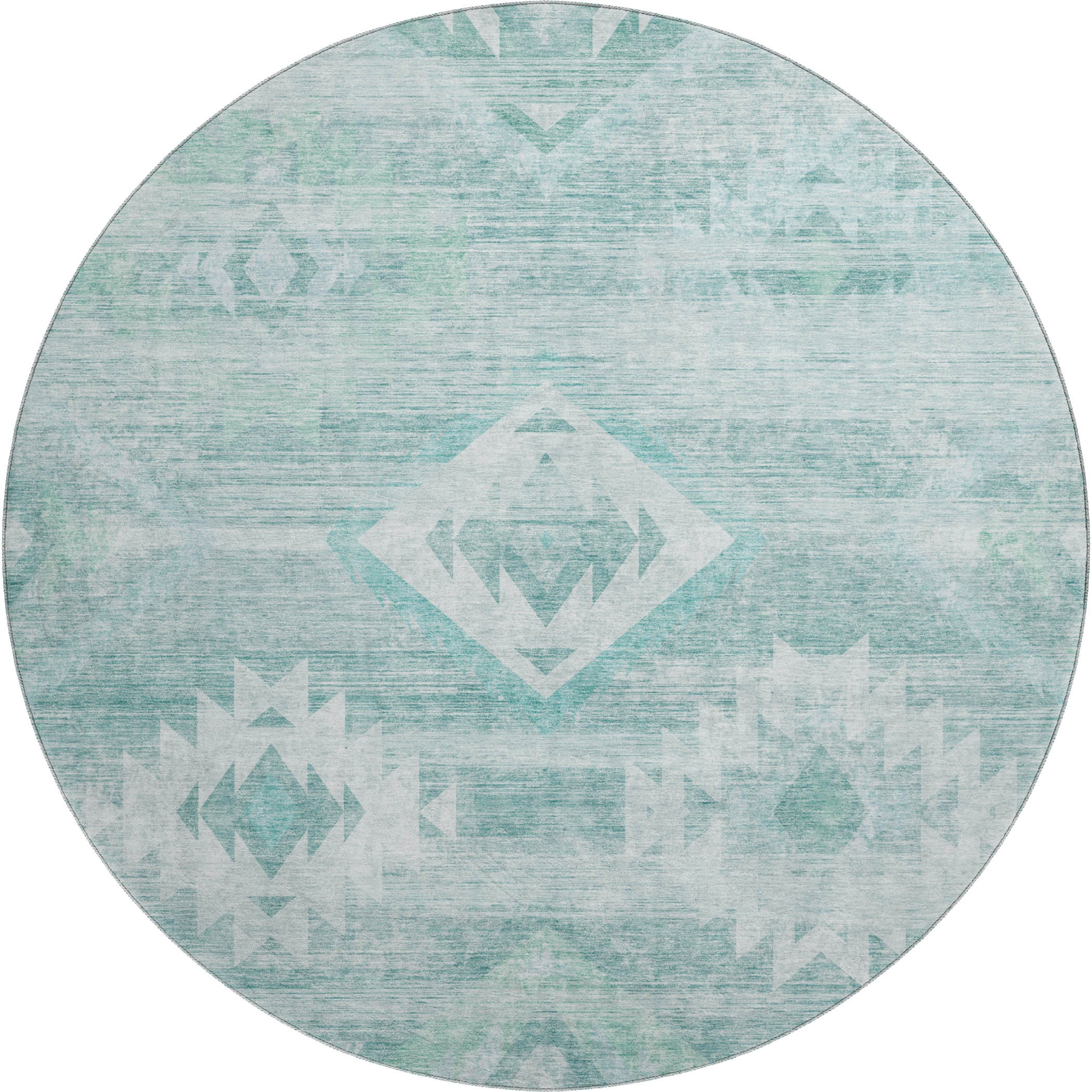 8' Aqua And Ivory Southwestern Washable Round Rug With UV Protection