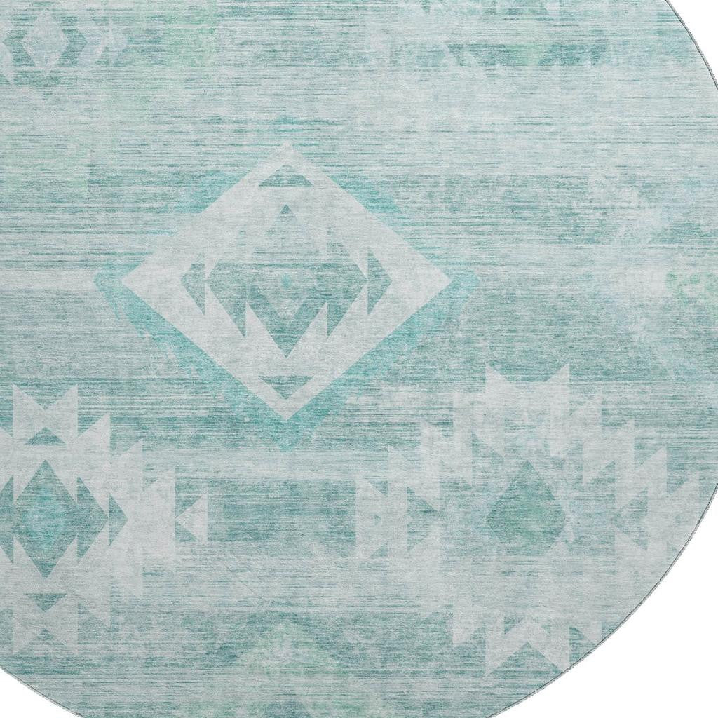 8' Aqua And Ivory Southwestern Washable Round Rug With UV Protection