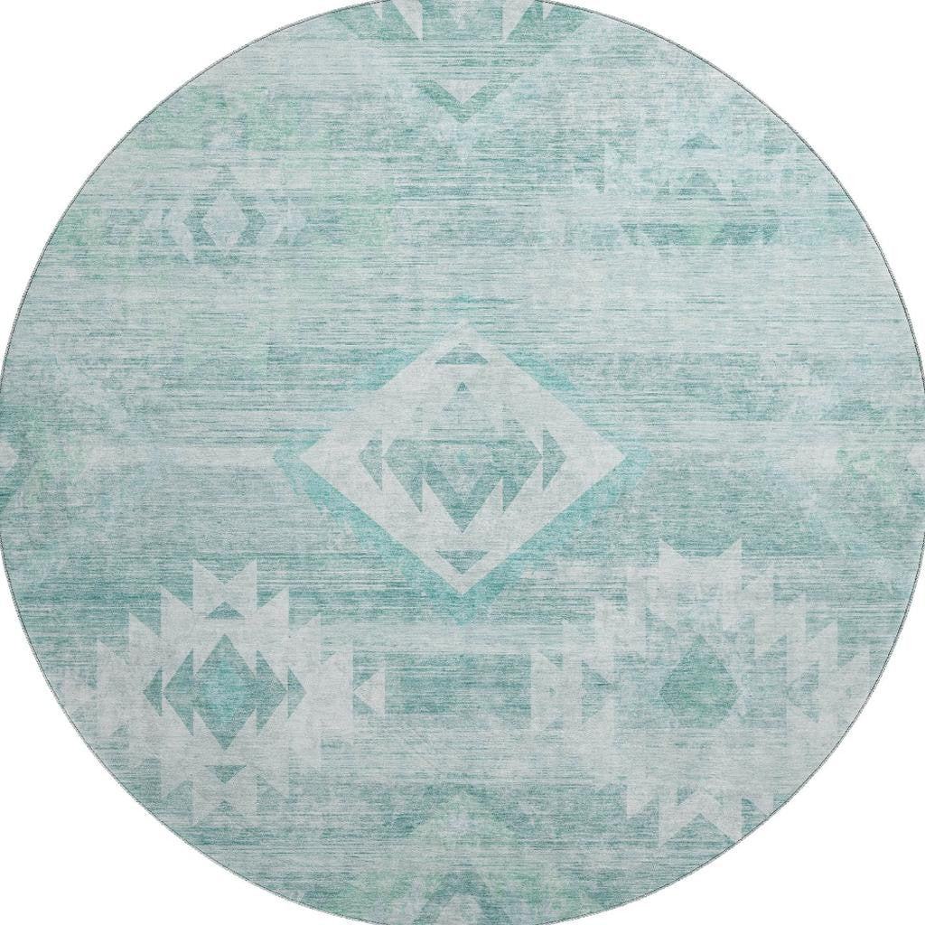 8' Aqua And Ivory Southwestern Washable Round Rug With UV Protection