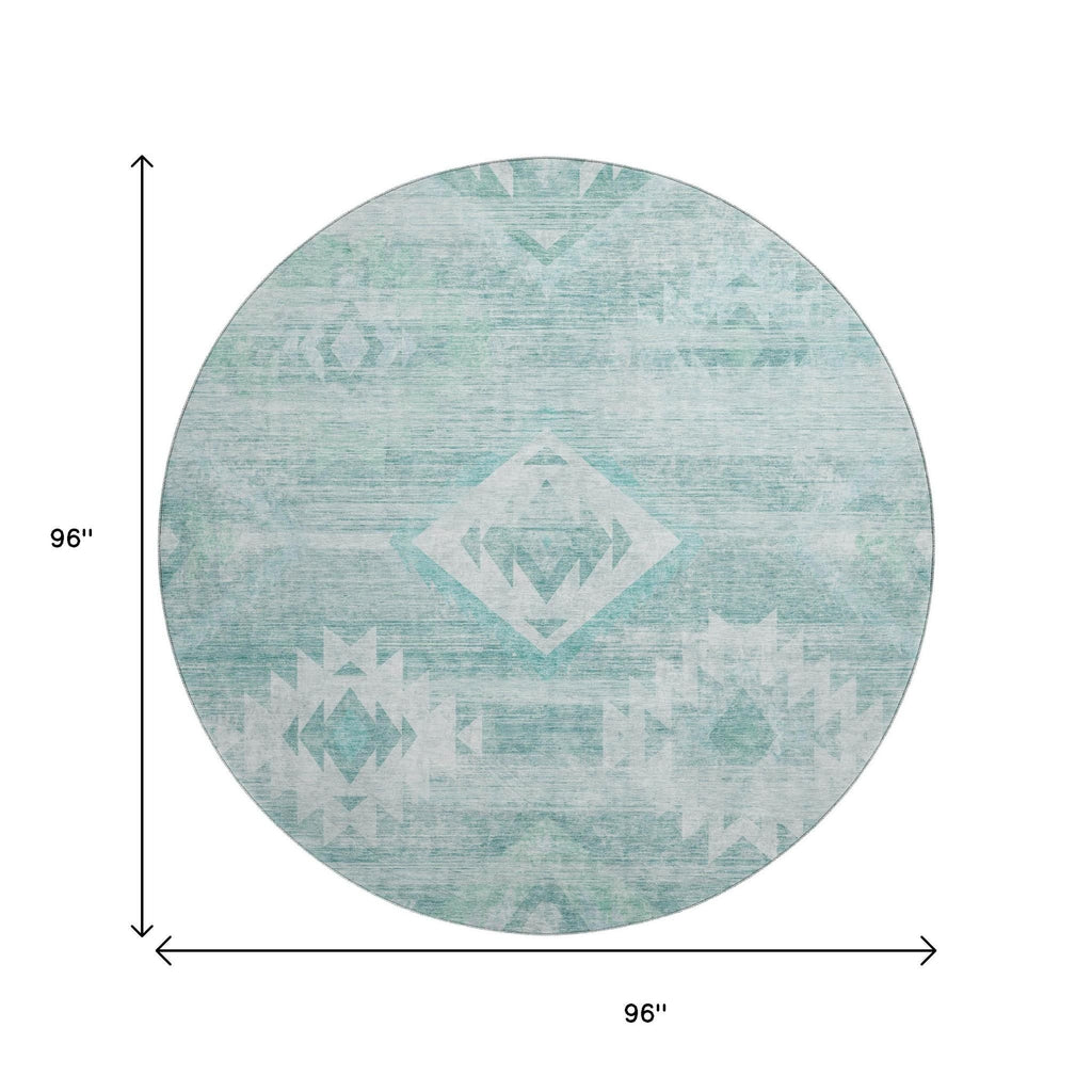 8' Aqua And Ivory Southwestern Washable Round Rug With UV Protection