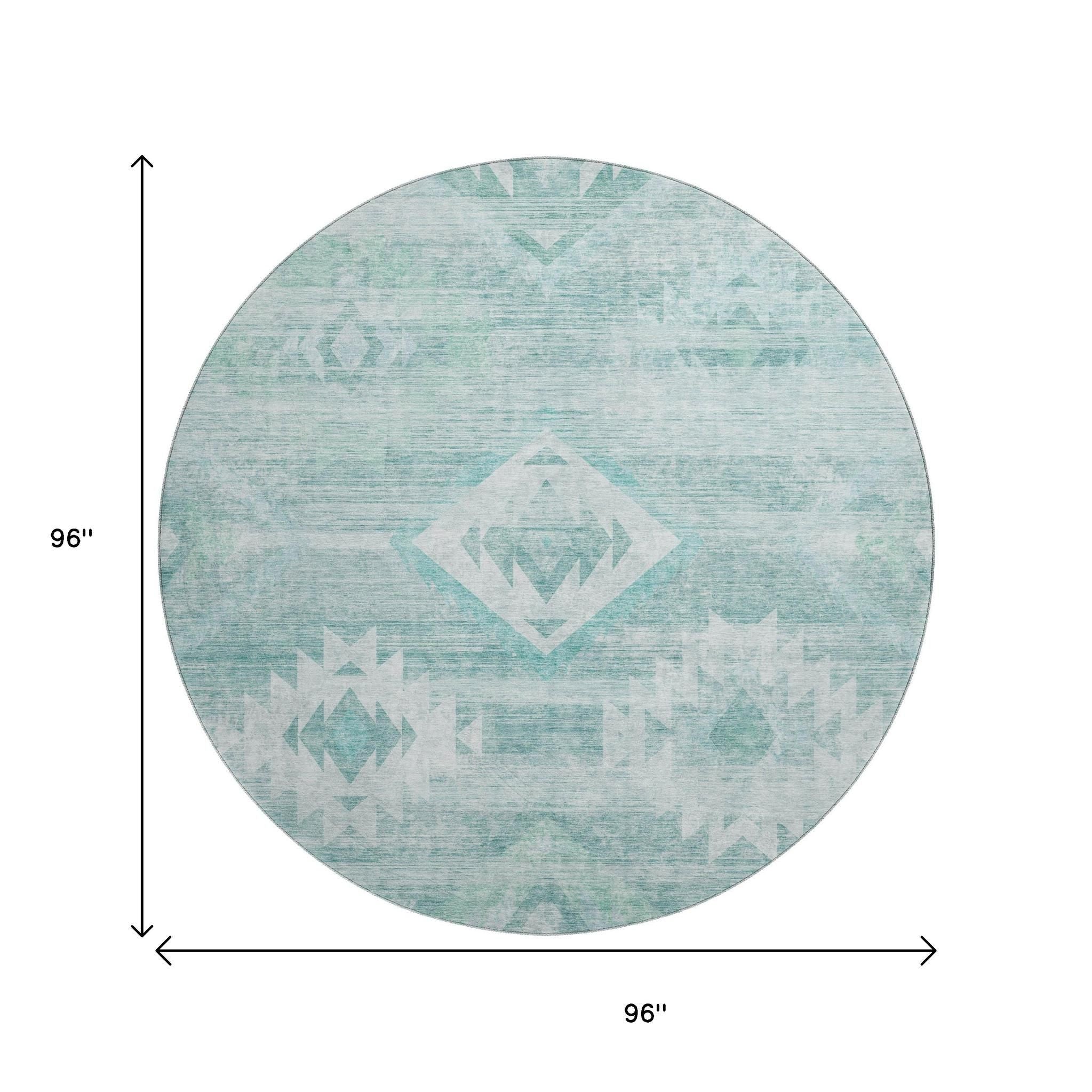 8' Aqua And Ivory Southwestern Washable Round Rug With UV Protection