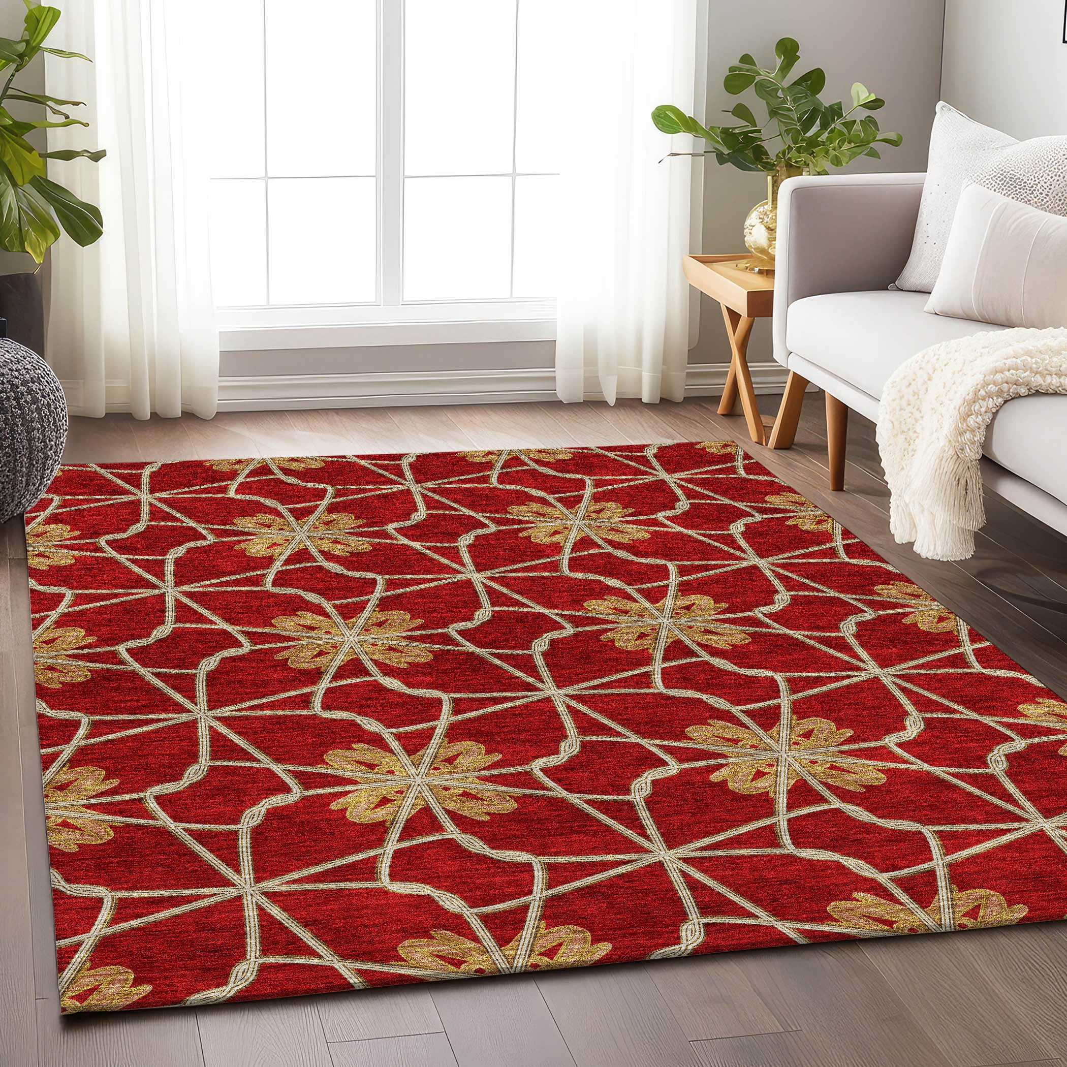 5' X 8' Rust Beige And Gold Geometric Washable Area Rug With UV Protection