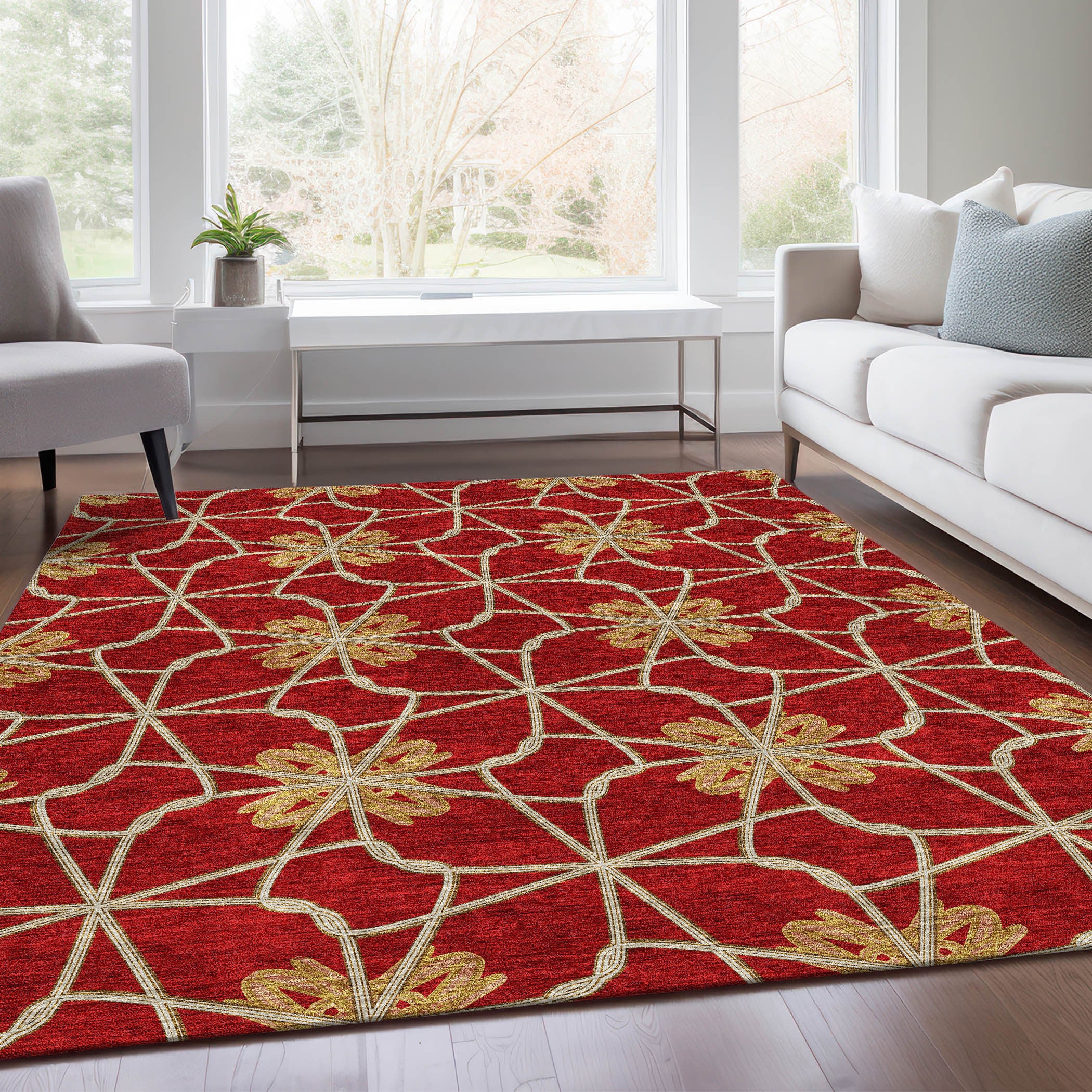 5' X 8' Rust Beige And Gold Geometric Washable Area Rug With UV Protection