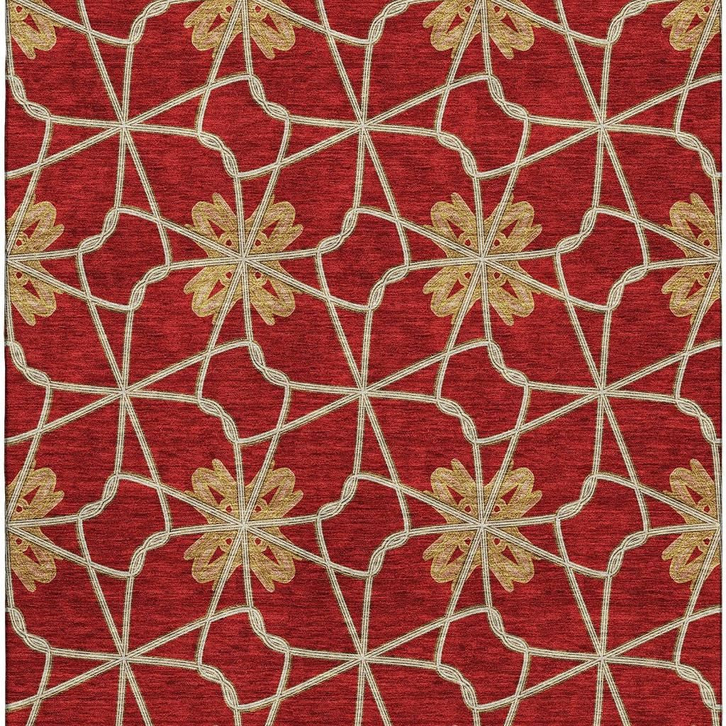 5' X 8' Rust Beige And Gold Geometric Washable Area Rug With UV Protection