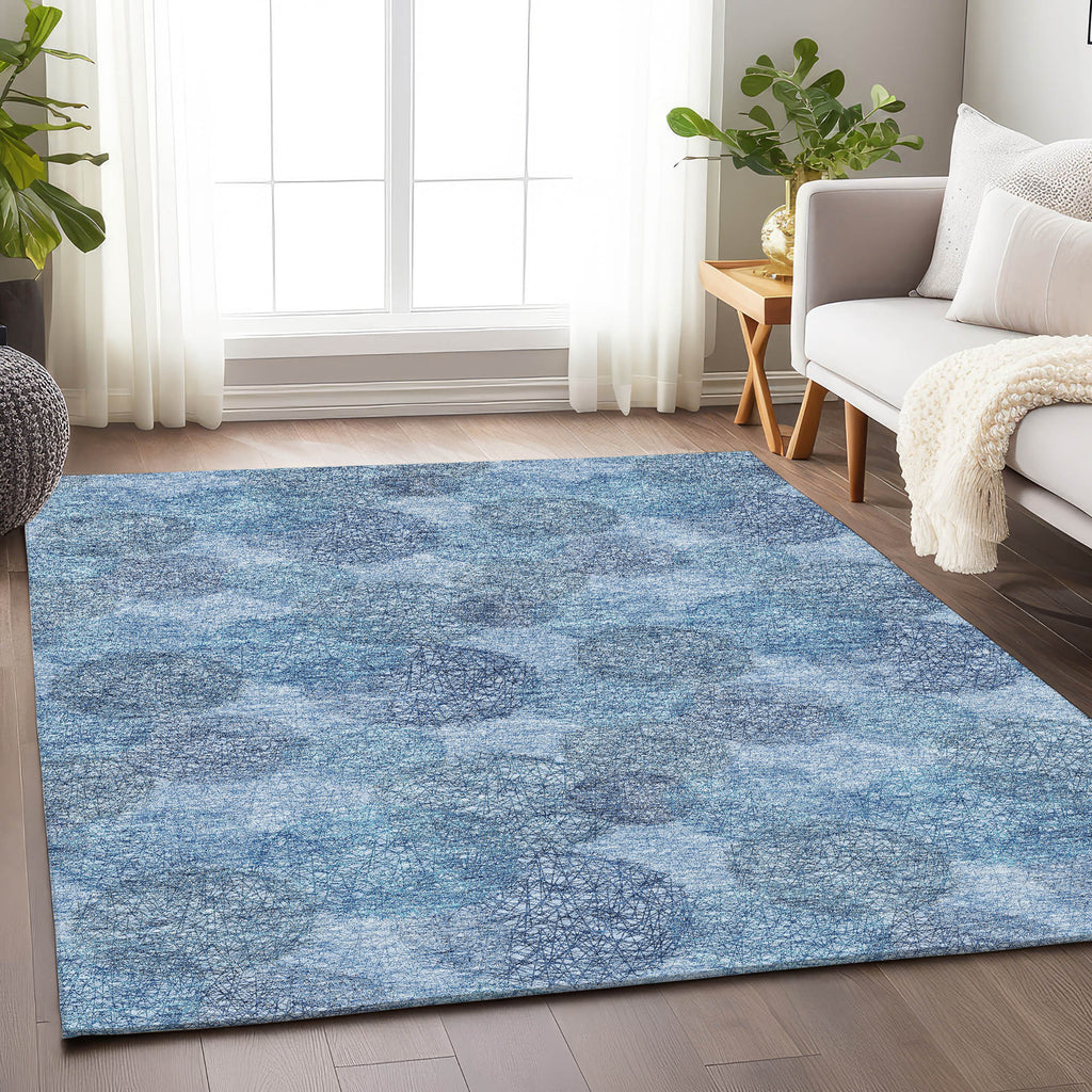9' X 12' Denim Blue And Sky Blue Abstract Washable Area Rug With UV Protection