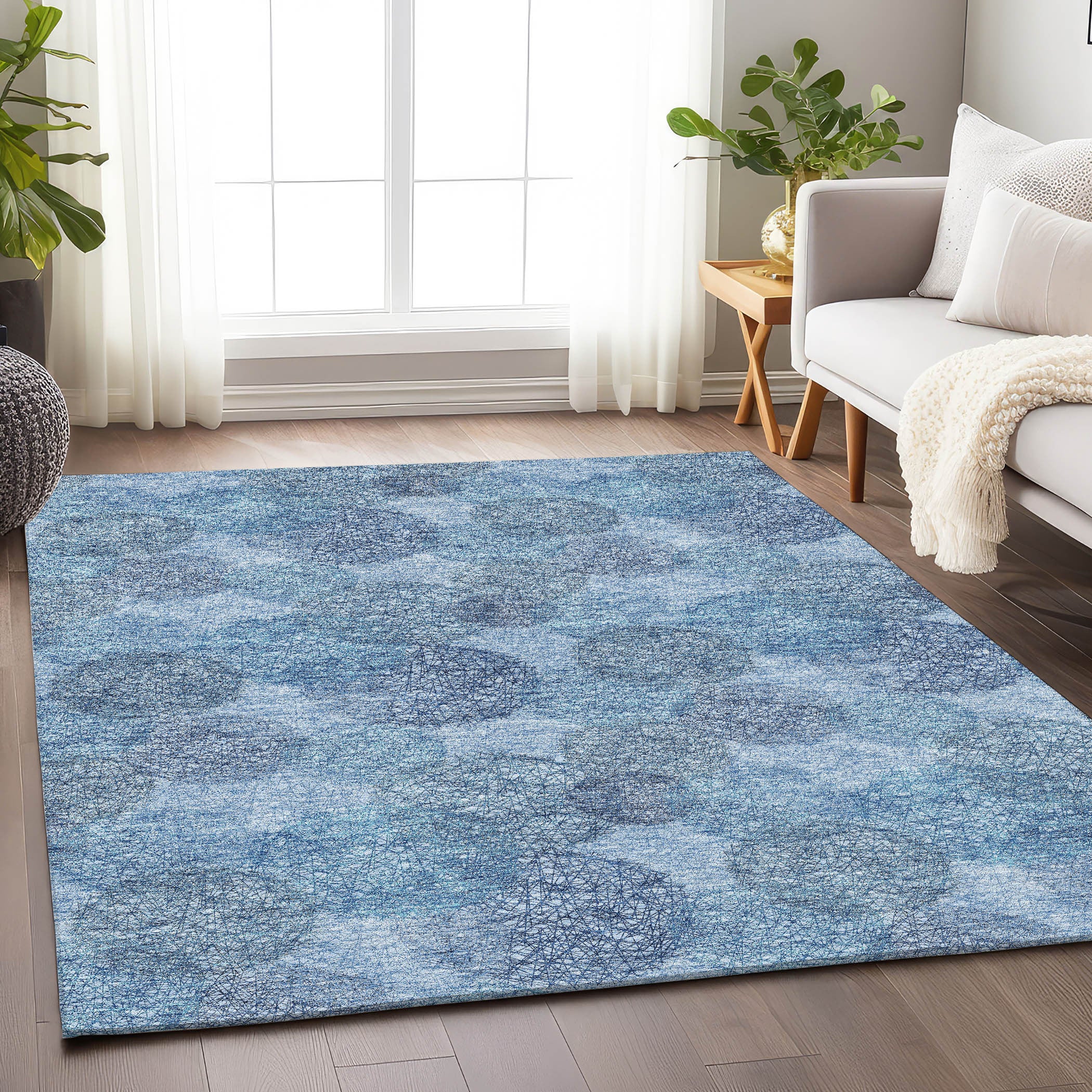 9' X 12' Denim Blue And Sky Blue Abstract Washable Area Rug With UV Protection