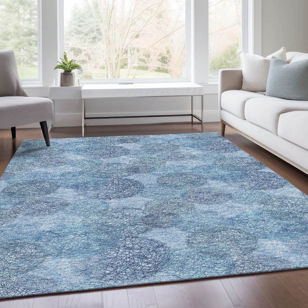 9' X 12' Denim Blue And Sky Blue Abstract Washable Area Rug With UV Protection