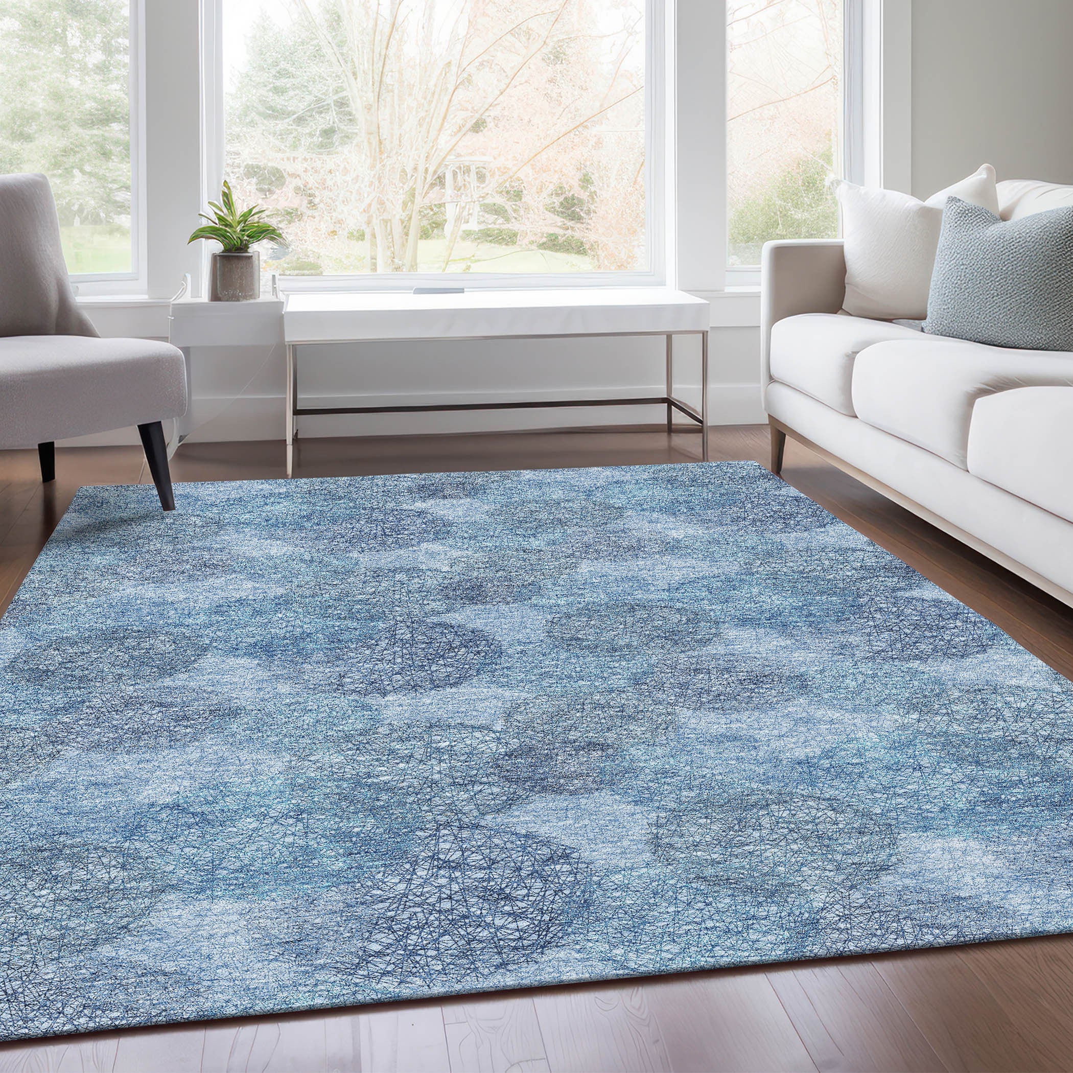 9' X 12' Denim Blue And Sky Blue Abstract Washable Area Rug With UV Protection